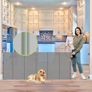 Reinforced 80 Inch Extra Wide Retractable Dog Gate to Prevent Crawling Through, Super Wide XL Retractable Baby Gates for Dog Indoor, Long Baby Gates Indoor Extra Long, Outdoor Mesh Pet Gate,  Gray, 33" Tall x 80" Wide（ With Reinforced Bar ）