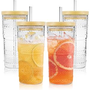 4 Pack 20oz Hobnail Drinking Glasses with Bamboo Lids and Glass Straw,High Borosilicate Glass Tumbler Cup Reusable Wide Mouth Smoothie Cups,Beer, Iced Coffee Glasses, Soda