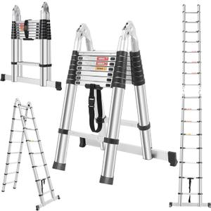 Telescoping A Frame 16.5FT Ladder with Anti-Slip Feet, Multi Position Aluminum Extension Ladder with Stabilizers, Foldable Lightweight Collapsible Ladder for Home Indoor Outdoor, 330LBS Capacity