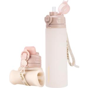 TakeToday Collapsible Water Bottles 20oz (600mL), Foldable Platinum Silicone Travel Water Bottle with Straw & Carry Strap, Leak-Resistant Screw Lid, Wide Mouth, BPA-Free for Hiking, Camping, Travel (Desert Sand)
