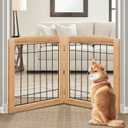 LZRS 2-Panel Freestanding Foldable Wood Dog Gate Solid Wood & Steel Wire, Chew-Resistant Pet Barrier for Indoor Use, Ideal for Small to Medium Dogs, Natural