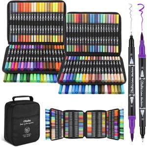 Ohuhu Markers: 160 Colors Brush Pens Dual Brush Fine Tip Drawing Pens Water-Based Coloring Markers for Calligraphy Bullet Journal with Carrying Case - Maui - Black