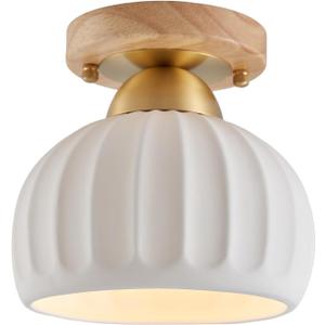 Ceramic Wood Brass Semi Flush Mount Ceiling Light Vintage Hallway Light Fixture, Mid Century Modern Small Ceiling Mount Chandelier Light Fixture for Kitchen Laundry Room Entryway Porch Foyer (Wood+Brass Base 1 Pack)