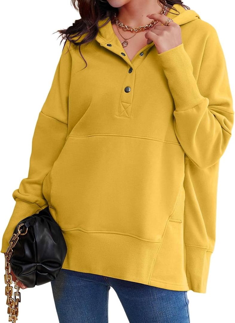 AlvaQ Womens Oversized Sweatshirts Hoodies Fleece Button Neck Hooded Tops Casual Pullover Tunics Winter Outfits 2025 (Yellow, S)