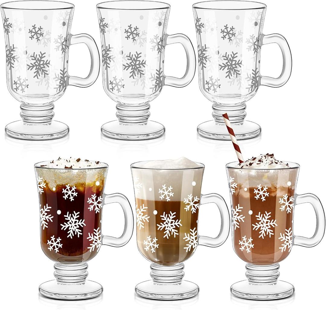 Sliner Set of 6 Christmas Snowflake Glass Coffee Mugs with Handle, 8 oz Clear Irish Footed Coffee Glasses Mugs Winter Holiday for Beverages Latte Hot Chocolate (Snowflake)