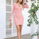 VICHYIE Women Dress Cutout Neck Bodycon Keyhole Ribbed Long Sleeve Tight Fall Mid Thigh Pencil Above Knee Mini Dresses Pink S (Pink, S)