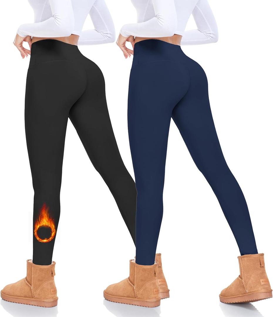 FULLSOFT Fleece Lined Leggings Women High Waisted Tummy Control Workout Winter Thermal Warm Soft Yoga Pants (Large-X-Large, A-black,navy Blue(2 Pack) With Fleece)