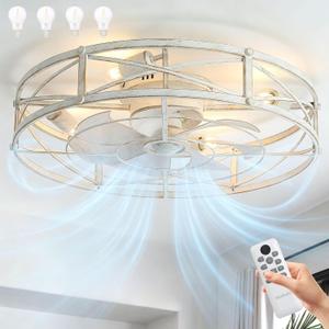24" Caged Low Profile Ceiling Fan with Light, 6 Speeds, Farmhouse Flush Mount Ceilings Fans with Lights and Remote, White Brush Gold Ceiling Fixture for Bedroom Kitchen