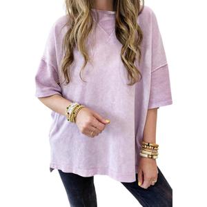 KevaMolly Womens Oversized Tshirts Tops Short Sleeve Mineral Wash Exposed Seam Drop Shoulder Tee Casual Solid Tshirt (Medium, 1 Orchid Petal)