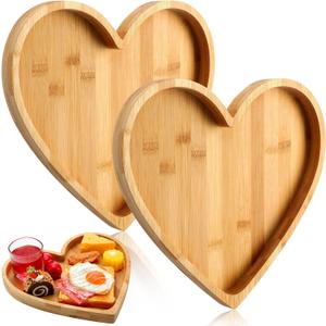 Teling 2 Pcs Heart Shaped Serving Tray Valentine's Day Serving Platter Bamboo Cheese Charcuterie Board Wooden Salad Snack Dessert Candy Dishes Plate for Fruit Wedding Housewarming Present