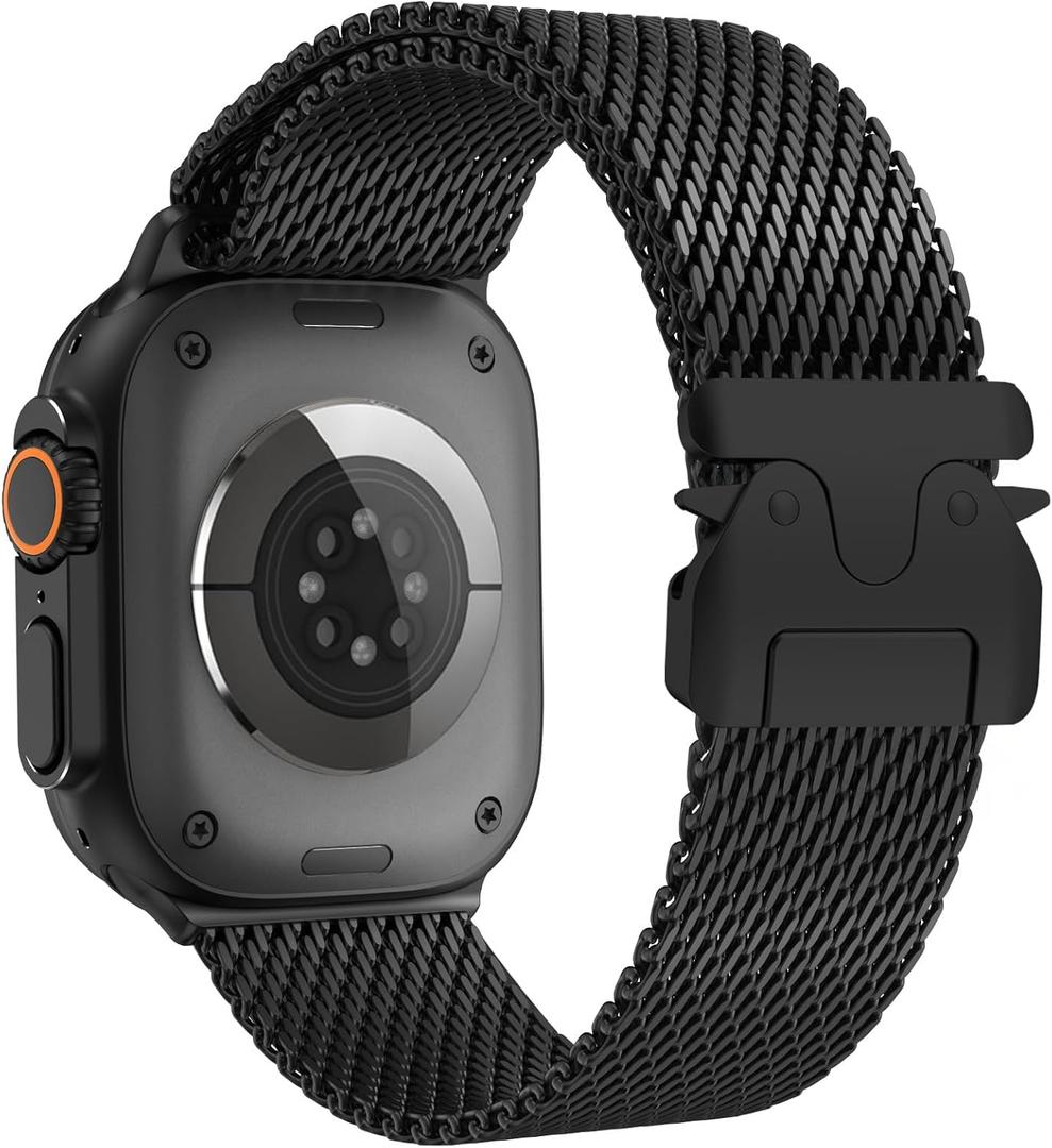 Milanese Loop Band Compatible with Apple Watch Bands Ultra 3/2/1 49mm 46mm 45mm 44mm for Women Men, Parachute-style Buckle Stainless Steel Metal Mesh Strap Bracelet for iWatch Series 11 10 SE 9 8 7 6 5 4 (Black)