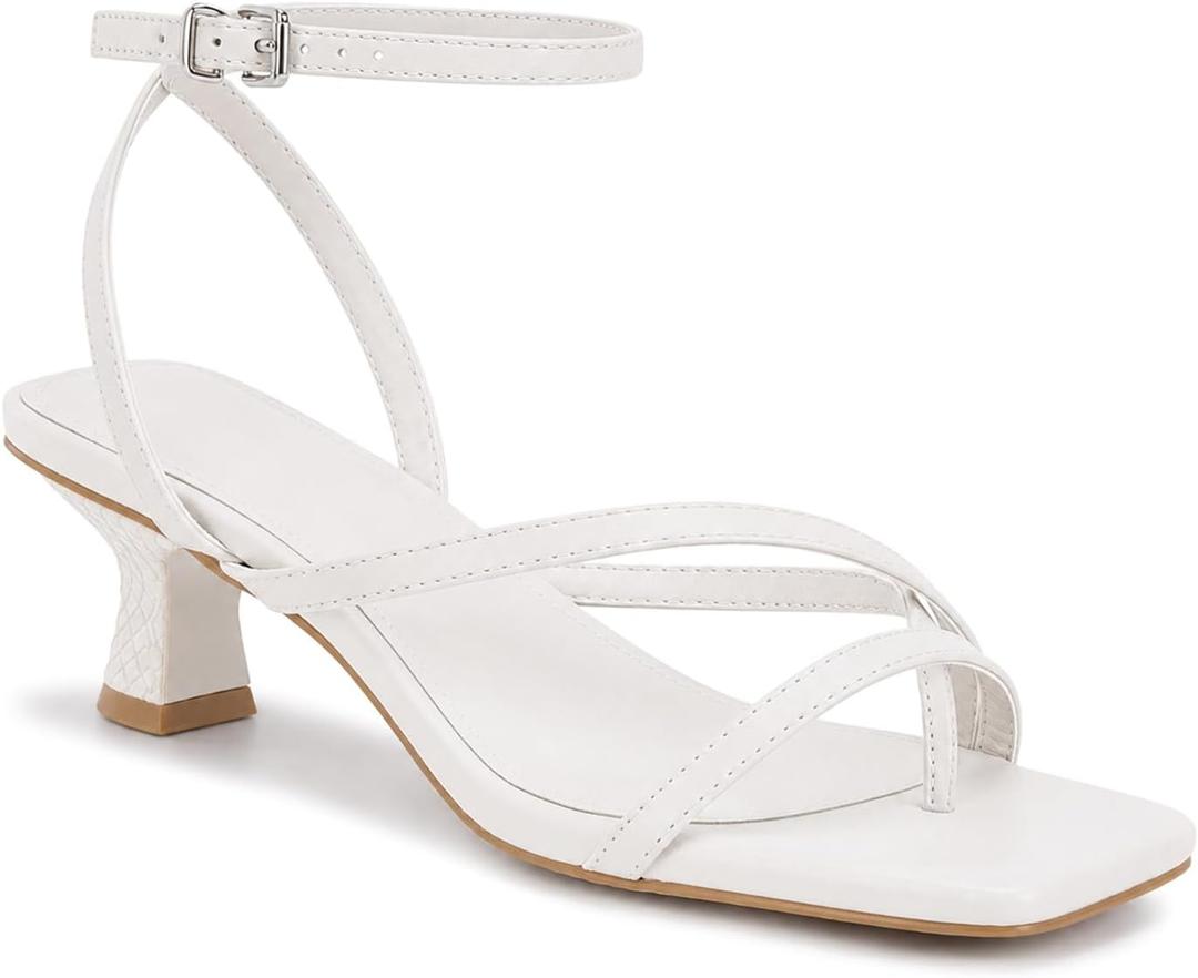 Juliet Holy Womens Strappy Sandals Kitten Heel Open Toe Slingback Ankle Strap Wedding Party Summer Heeled Sandals (White)