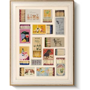 VIYYIEA Framed Vintage Matchbox Wall Art, Mid-century Retro Cocktail and Drink Canvas Painting, Modern Home Decor for Kitchen Bar and Dining Room, 12x16 Inch