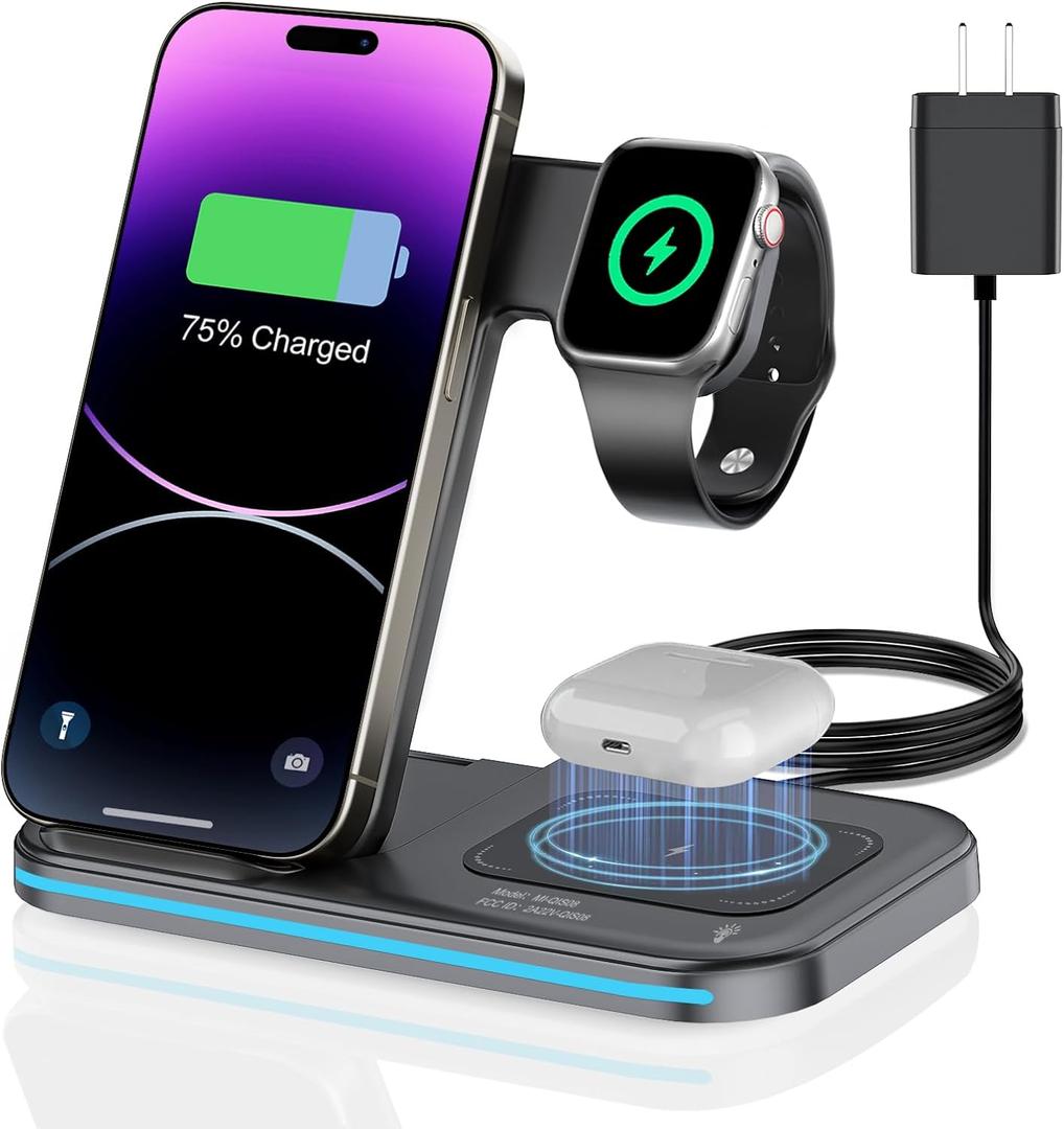 3 in 1 Charging Station Wireless Charger lPhone Foldable Charging Stand for Multiple Devices with Quick Charger for lPhone 16/15/14/13 Pro Max Watch AriPods Pro 2 (Black)