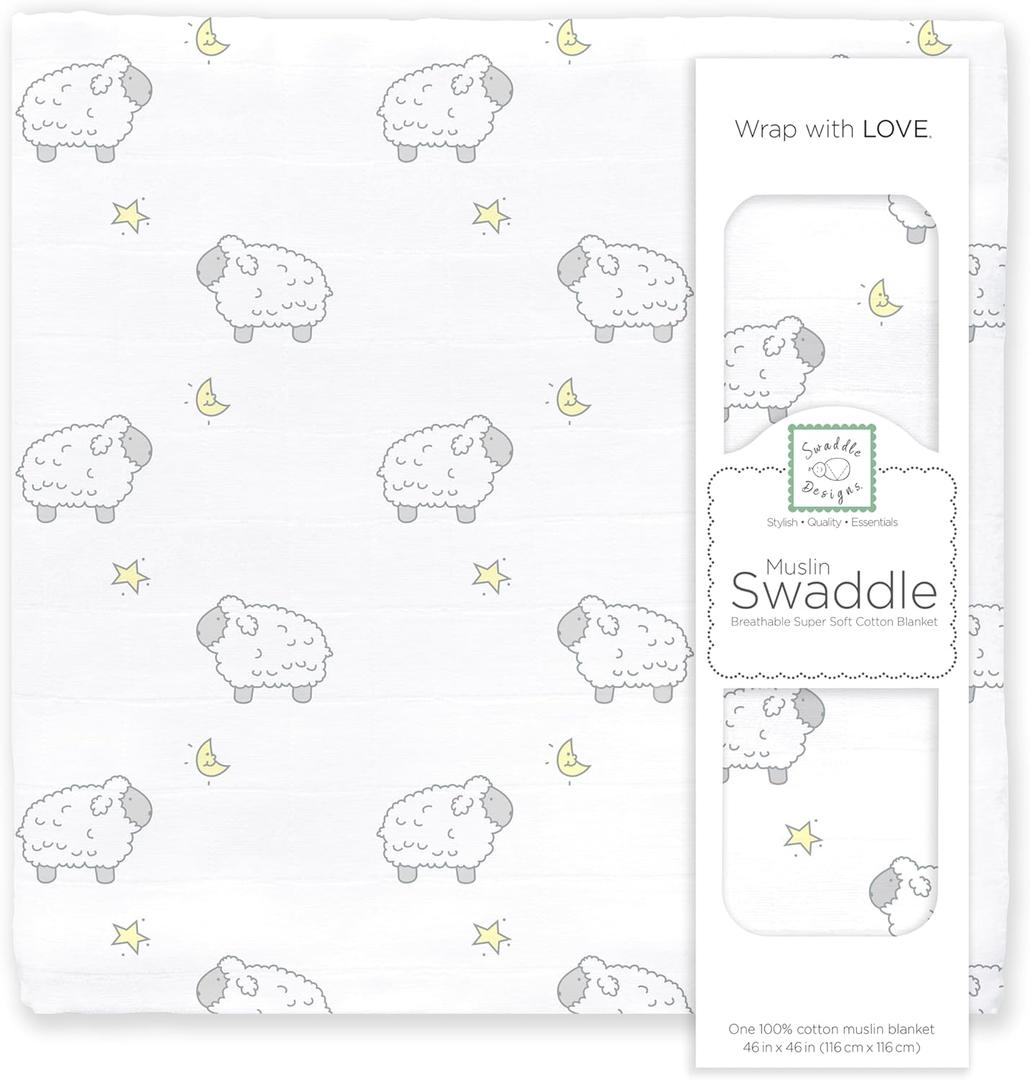 SwaddleDesigns Cotton Muslin Swaddle Blanket, Receiving Blanket for Boys & Girls, Best Shower Gift, 46x46 inches, Little Lambs, Sterling