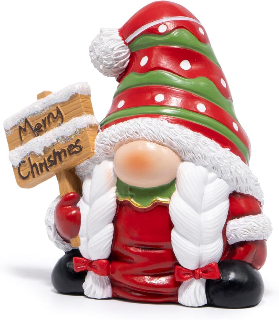 Hodao Christmas Gnome Girl Figurine  Resin Indoor Decorations for Home, Cute Holiday Decor with Braids & Merry Christmas Sign, 4-in Mini Tabletop Ornaments, Gift for Families, Mantel & Tiered Tray