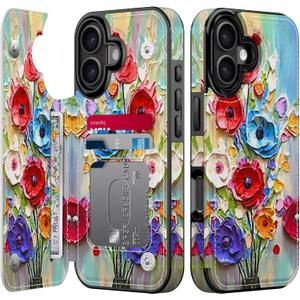 FUNMIKO for iPhone 17 Wallet Case with Card Holder, RFID-Blocking, Military-Grade Drop Protection & Floral Animal Design, Magnetic Closure with Leather Kickstand - Abstract Flowers
