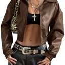 BEAUDRM Women's Y2K Faux PU Leather Jacket Crop Zip Up Motorcycle Coat Long Sleeve Drop Shoulder Motor Bike Jacket Streetwear S
