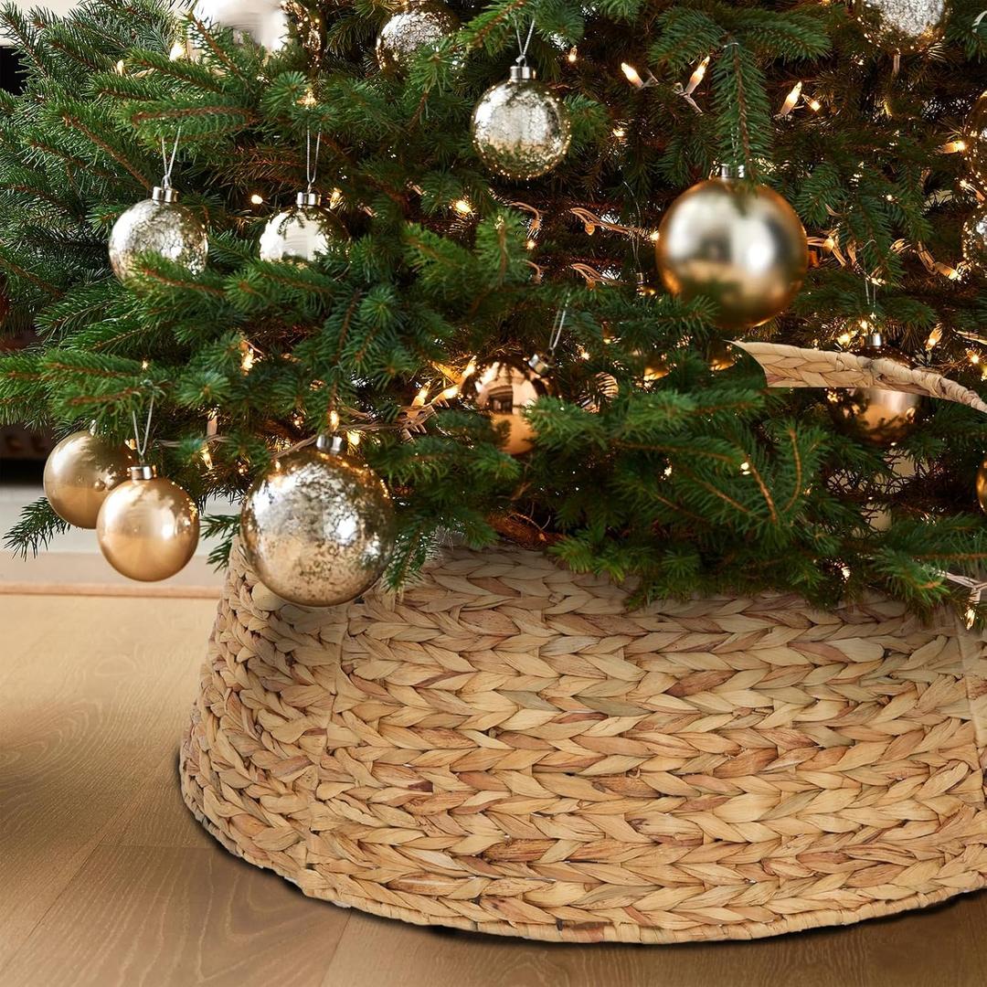 Christmas Tree Collar, 23.5 D Handmade Natural Water Hyacinth Christmas Stand Tree Collar Basket Base Cover for Holiday Decoration