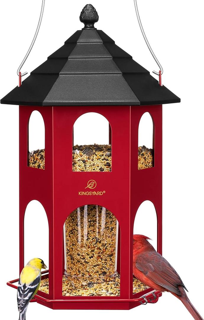 Kingsyard Metal Bird Feeder for Outdoor Hanging, Wild Bird Feeders with Circular Perch, Easy to Clean & Refill, 4 lbs Large Seed Capacity, Red (Red)