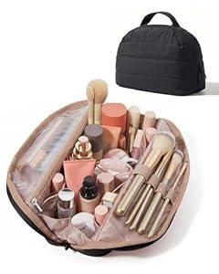 BAGSMART Travel Makeup Bag for Women, Portable Fold-down Cosmetic Case, Puffy Padded Make Up Organizer Pouch, Water-resistant Toiletry Bag for Toiletries, Brushes (Baby Pink)