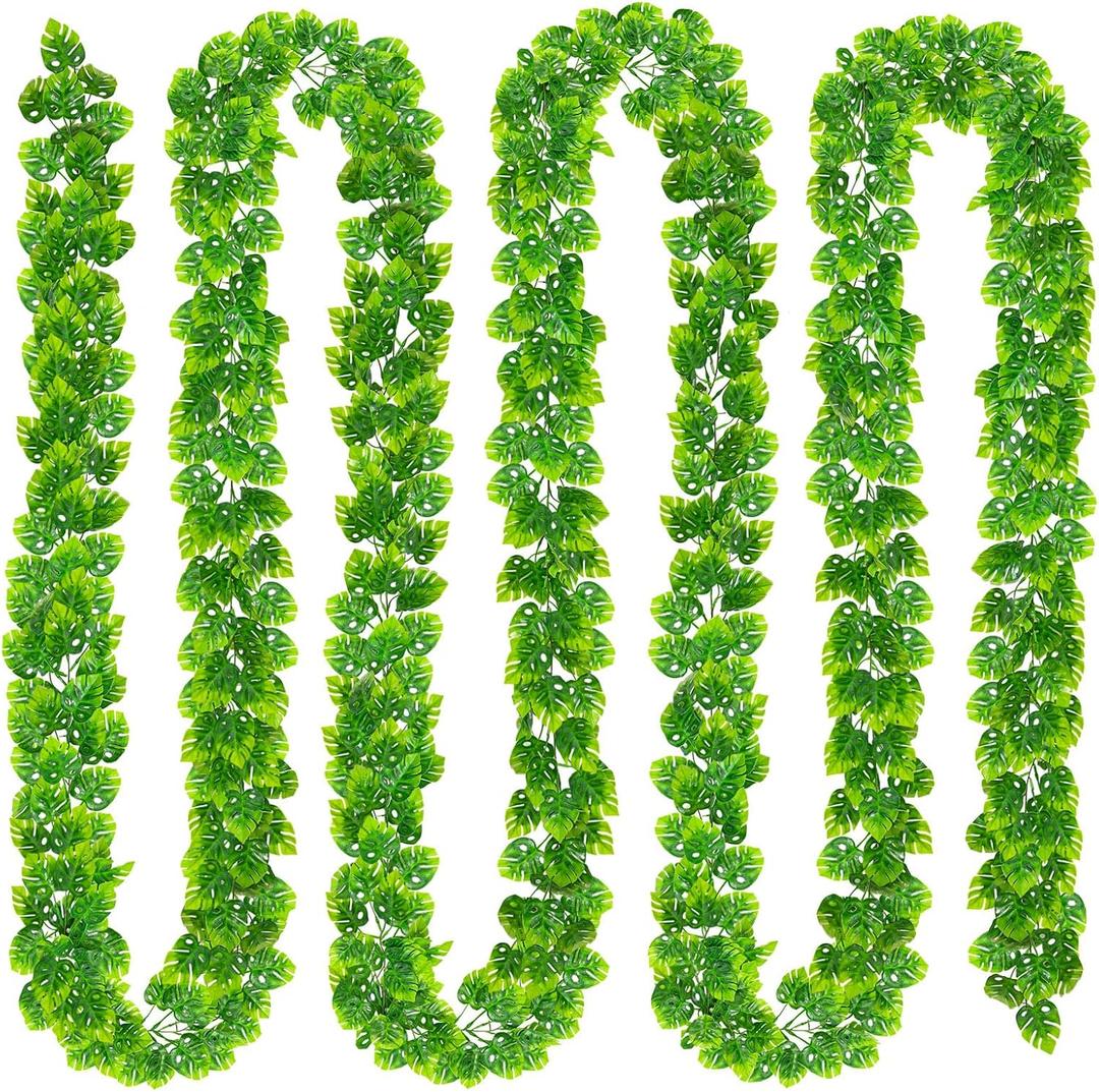 4 PCS Artificial Monstera Leaf Vines, 5.9 FT Fake Hanging Plants Greenery Garland Ivy Palm Leaves, Tropical Luau Greenery Vine for Home Garden Porch Party Beach Hawaiian Party Indoor Outdoor Dcor