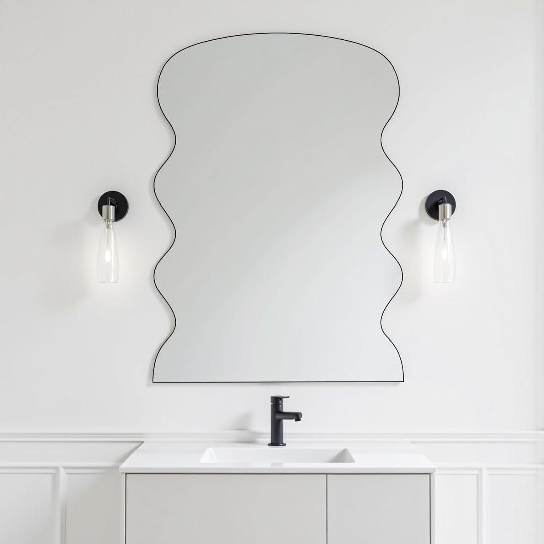 Rectangle Wavy Mirror for Bathroom, 20"x28" Black Scalloped Vanity Mirror for Over Sink, Modern Irregular Wall Mirror Decorative for Bedroom Living Room Entryway