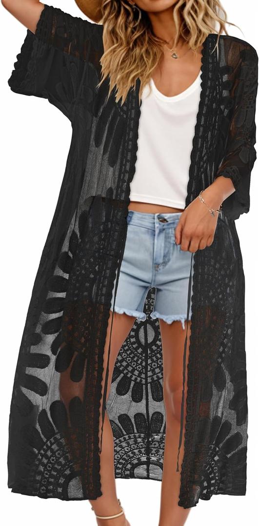 CHICGAL Womens Swimsuit Coverup Lace Bathing Suit Cover Up Beach Kimonos Long Cardigan Open Front Swimwear 2026 (Black). M Size