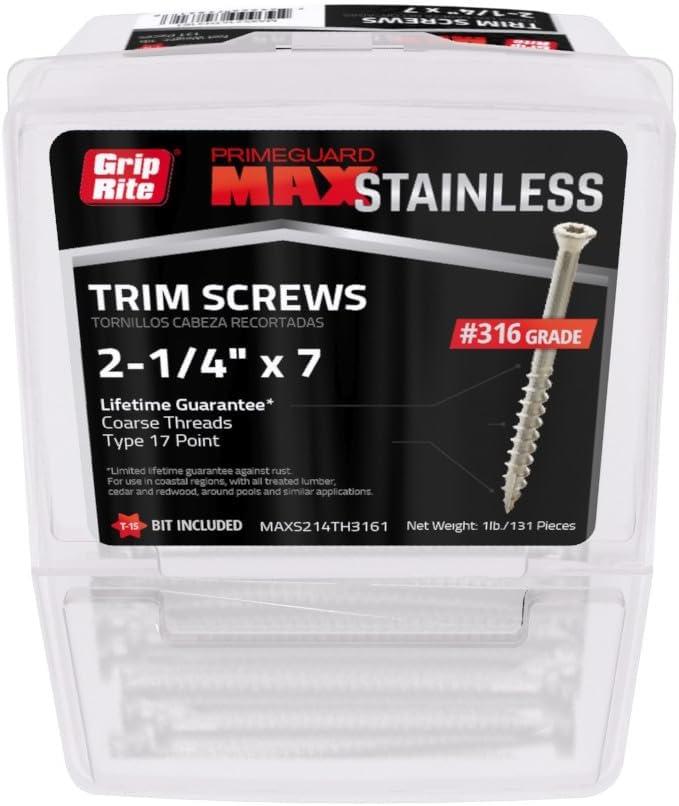 Grip-Rite PrimeGuard Max MAXS214TH3161, 2-1/4" x #7 Trim Head T17 ST15 Screw, 316 Stainless Steel, 1LB Pack, Clamshell Packaged