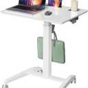 Glass Mobile Standing Desk, Height Adjustable Rolling Laptop Table, 27 inches Portable Sit Stand Desk with Wheels and Hook, Pneumatic Computer Workstation, White