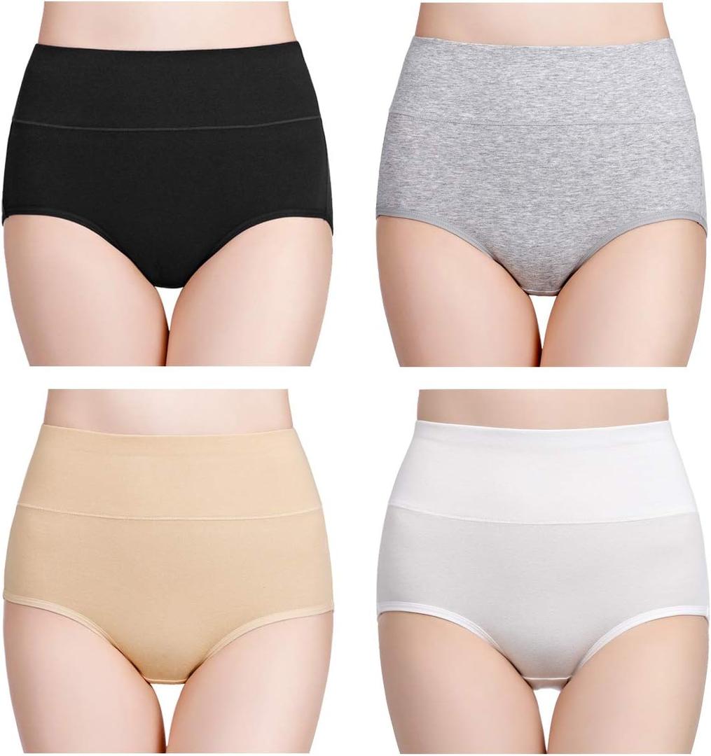 wirarpa Women's Cotton Underwear High Waisted Ladies Panties Full Coverage Briefs 4 Pack (Regular & Plus Size) (Large, Black/White/Gray/Beige - Set 7)