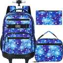3Pcs Rolling Backpack for Girls Women, Travel Roller Backpacks with Wheels for Adults, Teens College Love Polka Dots Wheeled Bookbag with Lunch Box(Blue)