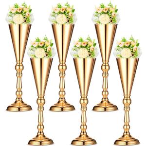 Potchen 6 Pcs Flower Trumpet Gold Vase Tabletop Centerpiece Gold Tall Flower Vases Bulk Wedding Table Decorative Centerpiece Table Decorations Arrangements for Floral Party Anniversary Birthday(L)
