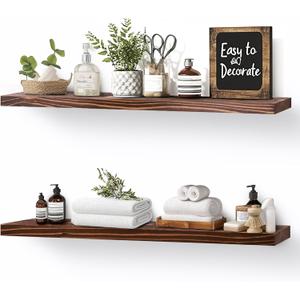 Floating Wall Shelves 2-Pack - 24-Inch Rustic Brown Wooden Shelves for Storage and Dcor, Easy Installation for Living Room, Bedroom, and Kitchen (24x5.8x0.8-Set of 2)