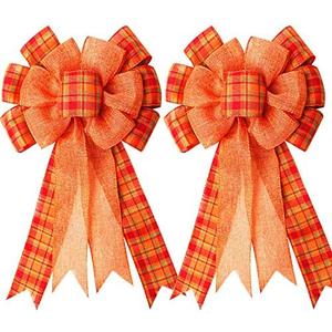 Extra Large Fall Wreath Gift Bow -18.8x10.6inch Orange Buffalo Plaid Check Wreath Bow Swag Bows Thanksgiving Wreaths Pre-Tied Bows for Fall, Thanksgiving, Christmas, Home Indoor Outdoor Ornaments