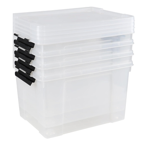 34 L Clear Plastic Storage Bins Box with Lid, Stackable Lidded Storage Bin Container with Wheels and Secure Latching Buckles, 5 Packs