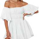Womens Off The Shoulder Summer Shorts - Dresses 2025 Short Lantern Sleeve Ruffle Elastic Waist A-Line Casual Mini Shorts Dress, 2XL,White
