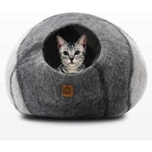 Large Wool Cat Cave Premium Felt Bed for Cats & Kittens Pet House Natural 100% Merino Wool Handmade Indoor Hideaway Eco-Friendly Cove 19 Inch Diameter Round Handcrafted Dome (Large Gray White)