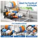TOOLF Extendable Dish Drying Rack, 2-Tier Dish Rack for Kitchen Counter, Large Expandable Dish Drainer Over Sink, 3 in 1 Multifunction Dish Strainer with Drainboard & Cups Holder, Black