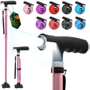 BeneCane Walking Cane for Women Folding Cane for Men with Two Led Lights Quad Cane with Stable Base Lightweight and Adjustable Walking Stick (Pink)