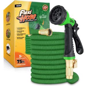Flexi Hose with 8 Function Nozzle, 75FT - Lightweight Expandable Garden Hose, No-Kink Flexibility, 3/4 Inch Solid Brass Fittings and Double Latex Core - Green