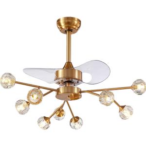 Siljoy 9-Light Farmhouse Sputnik Crystal Ceiling Fan with Light and Remote, Brass Gold Fandelier with Quiet Reversible Motor, 6 Speeds, 3-Color Change for Living Room Bedroom Patio 35.4 Inch