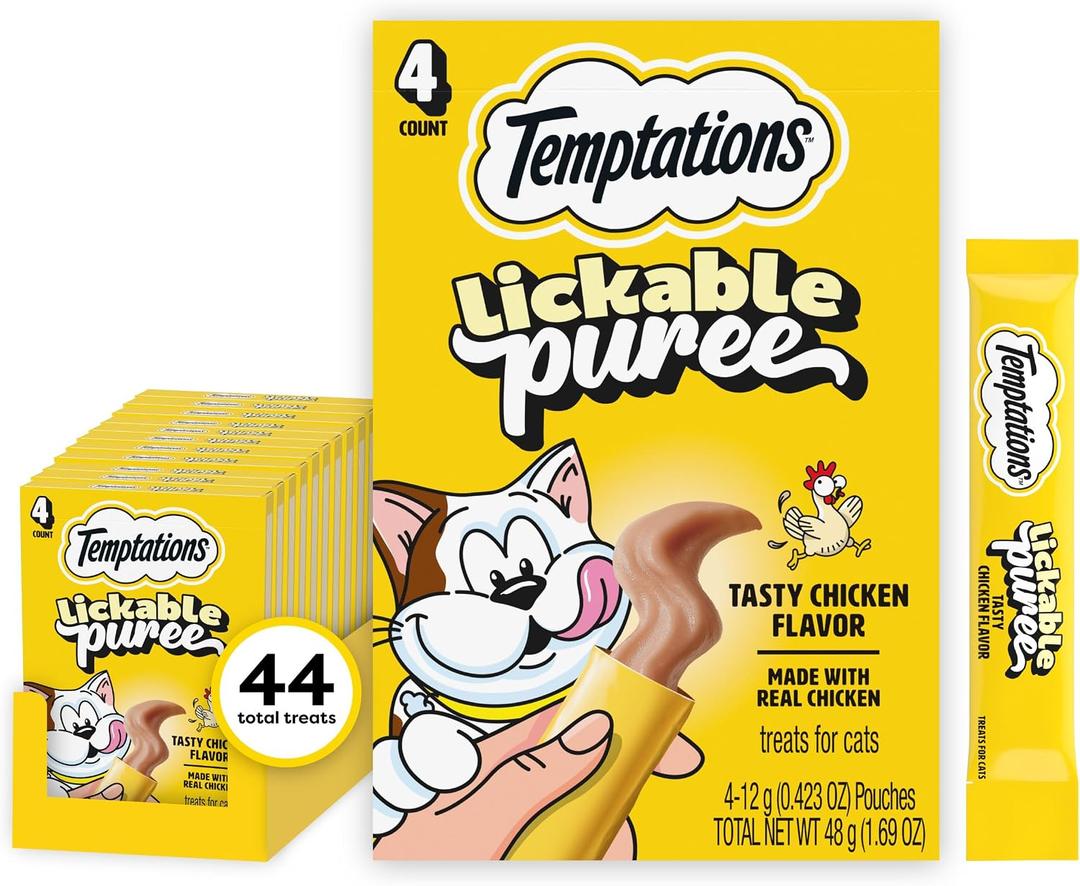 Temptations Creamy Puree Squeezable Lickable Cat Treats, Wet Cat Treats with Chicken, 0.42 oz. Tubes, 4 Count, Pack of 11 (44 Total) (EXP 12/12/27)
