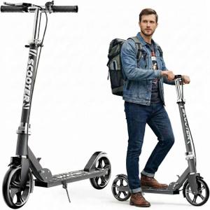 Scooters for Kids 8-12, Teens & Adults - Foldable Commuter Scooter with Bell, Hand Brake & Adjustable Height, 220 LB Weight Capacity, Perfect for School, Campus, Park Rides (Black)