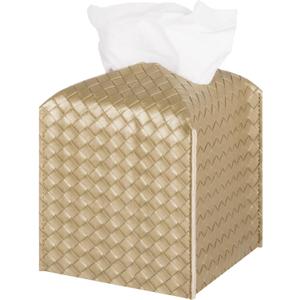Tissue Box Cover PU Leather Tissue Holder Square Facial Tissue Case Facial Paper Organizer Dispenser for Bathroom, Vanity Countertop, Tabletop, Car, Gold