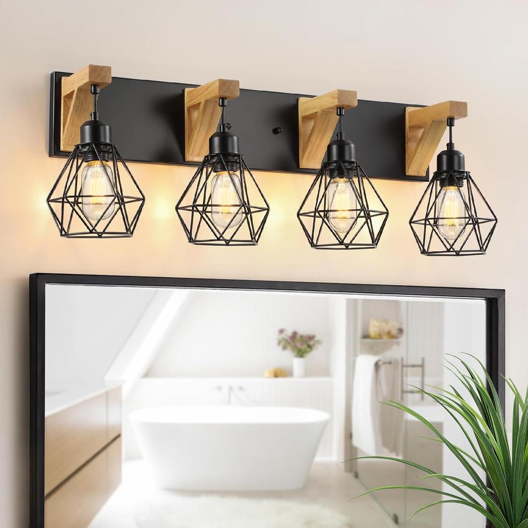 4 Light Farmhouse Bathroom Light Fixtures, Wood Bathroom Light Fixtures Over Mirror, Rustic Sconces Wall Lighting with Elegant Metal Lampshade for Living Room, Bedroom, Hallway (Black)