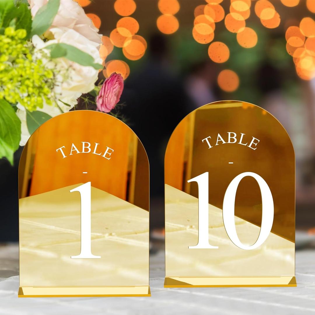 JOYIT Arch Wedding Table Numbers 1-10 with Stands  5" X 7" Acrylic Mirrored Gold Table Number Holders, Perfect for Wedding Receptions, Parties, Anniversaries, and Events (Gold White Font)