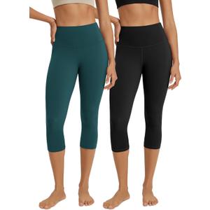 ODODOS 2-Pack High Waist Workout Capris for Women, 19" Tummy Control Athletic Running Cropped Leggings, Black+Forest Teal, Small (S)