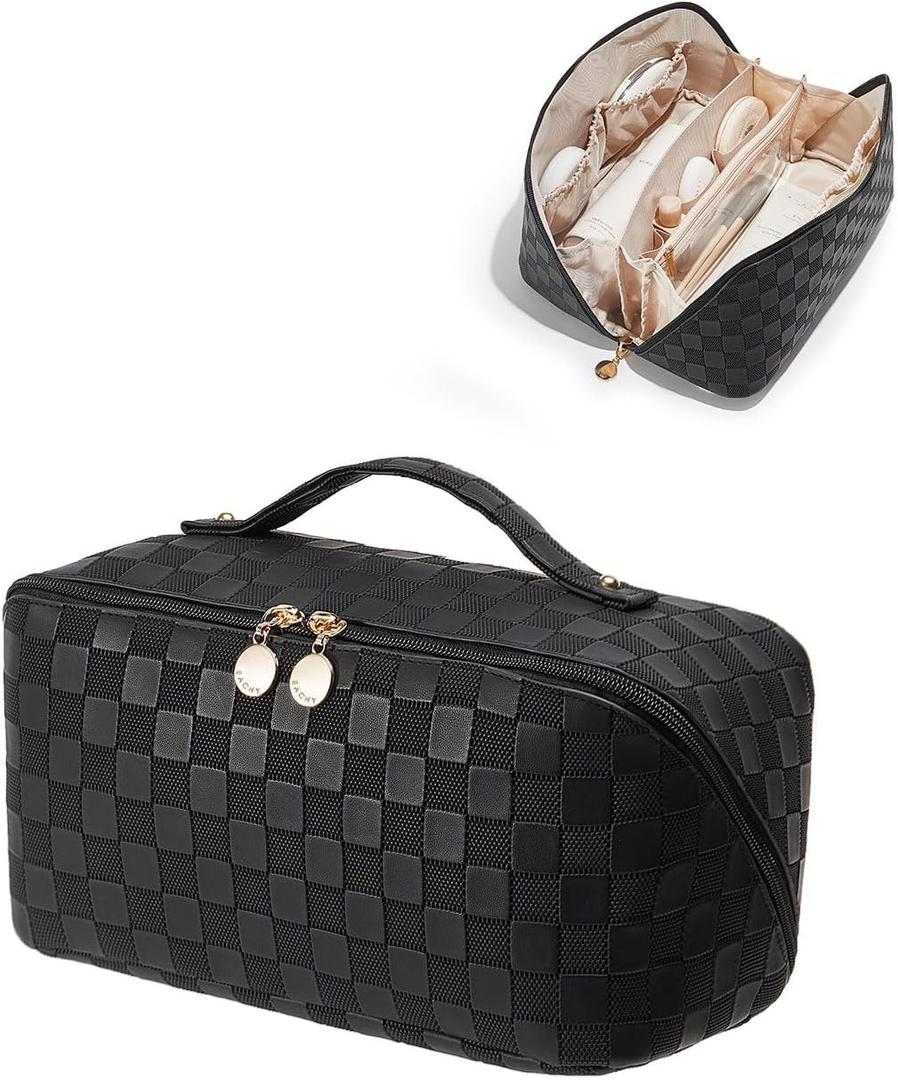 EACHY Travel Makeup Bag,Large Capacity Cosmetic Bags for Women,Waterproof Portable Pouch Open Flat Toiletry Bag Pattern Makeup Bag (BE-Black)