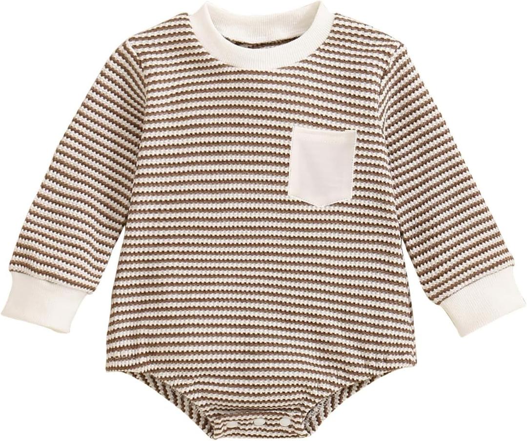 Baby Sweatshirt Romper Boy Girl Waffle Knit Long Sleeve Striped Romper Oversized Sweater Newborn Fall Winter Clothes (3-6 Months)